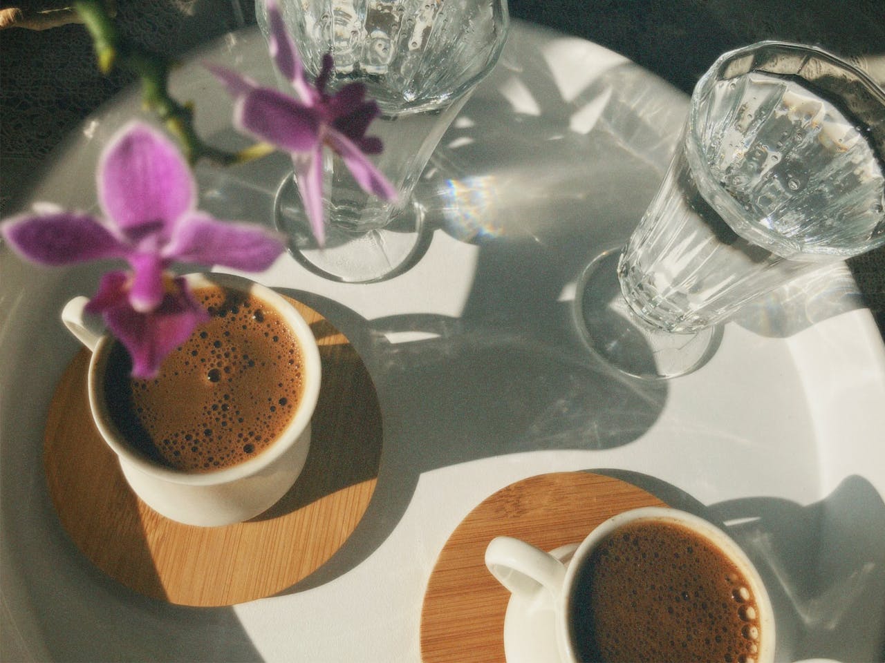 Warm morning coffee with orchid and sunlight. Perfect for a tranquil start to the day.